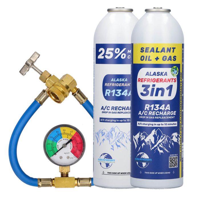 Combined Alaska Refrigerants Kit – 3in1 R134a Replacement Refrigerant with PAG 100 Oil and Sealer + R134a Replacement Refrigerant + Hose and Gauge