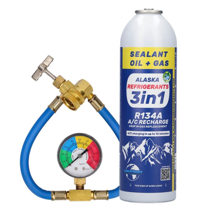 3in1 Alaska Refrigerants R134a Replacement Refrigerant, PAG 100 Oil, Sealer + Hose and Gauge