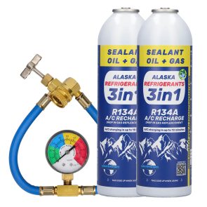 Double Kit – 3in1 Alaska Refrigerants R134a Replacement Refrigerant with PAG 100 Oil and Sealer + Hose and Gauge