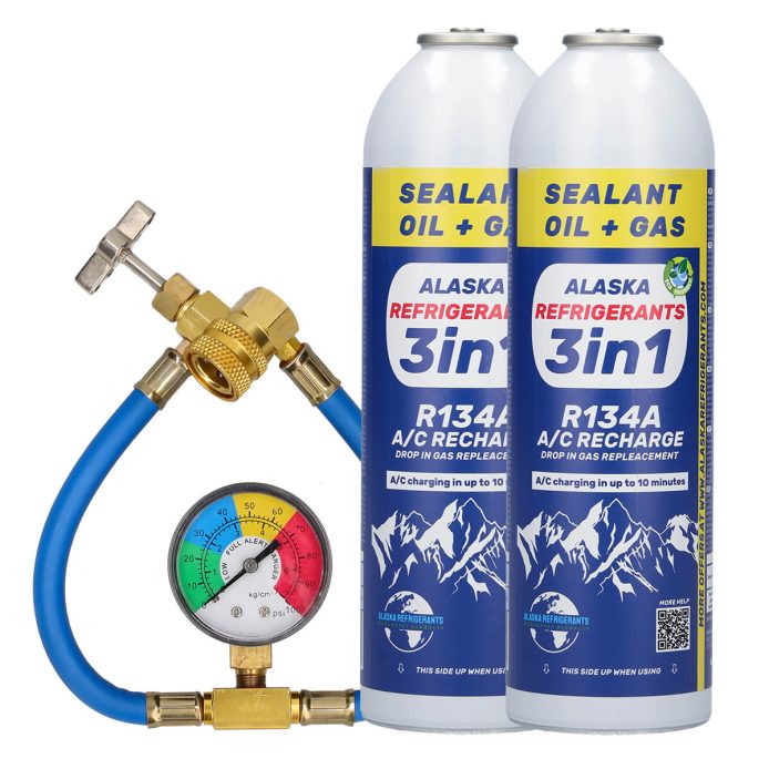 Double Kit – 3in1 Alaska Refrigerants R134a Replacement Refrigerant with PAG 100 Oil and Sealer + Hose and Gauge