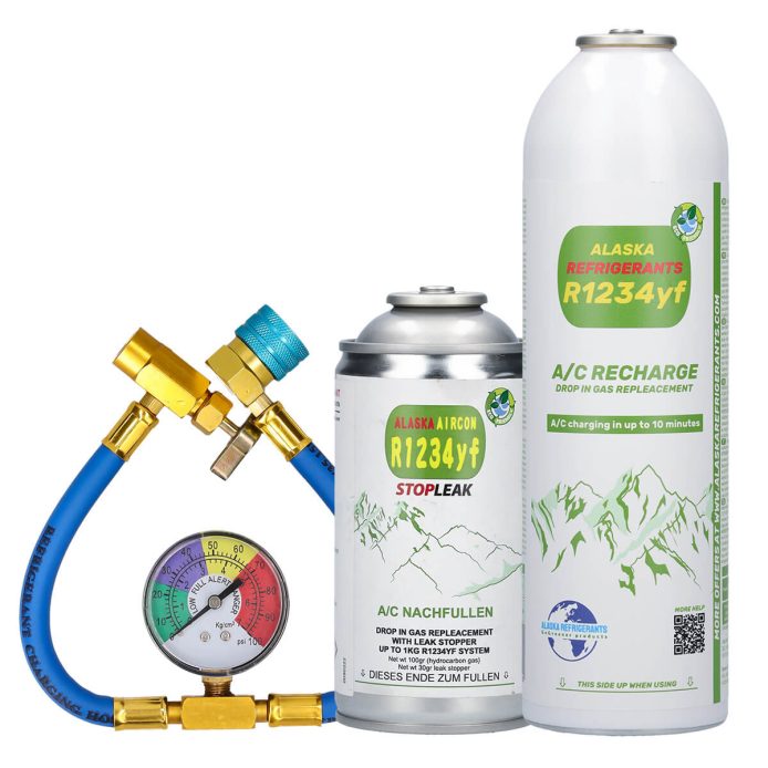 Alaska Refrigerants R1234yf Replacement Refrigerant for Vehicles + Leak Sealer + Hose and Gauge